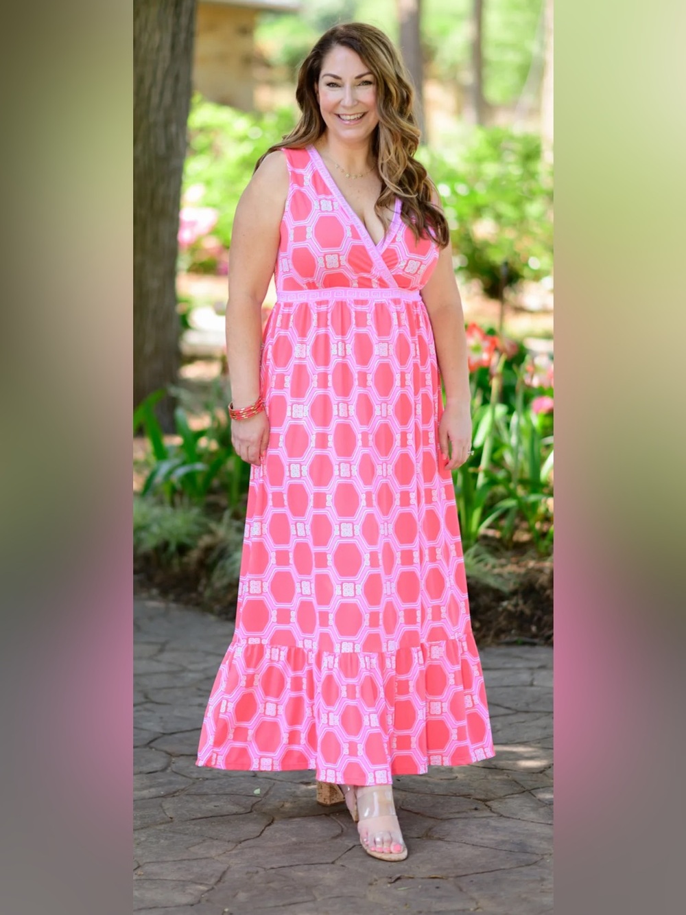 Cabana Life XL Coral Pink Geometric Ruffle Maxi Dress Sleeveless Resort Coastal